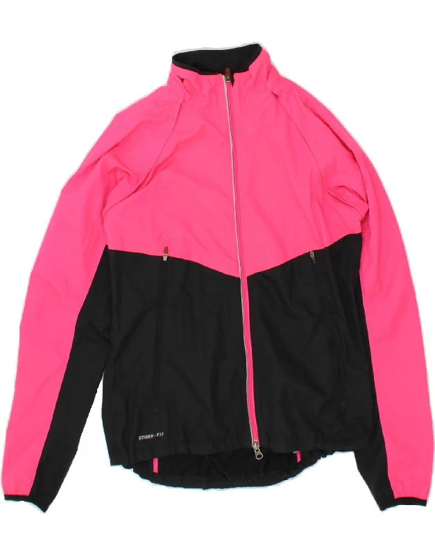 NIKE Womens Dri Fit Rain Jacket UK 12/14 Medium Pink Colourblock Polyester Tiered Jacket Buttoned Jacket Zippered Jacket