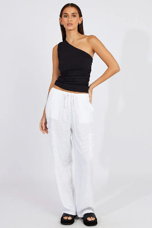 White Wide Leg Pants Mid Rise Linen Blend Slim Fit Casual Pants