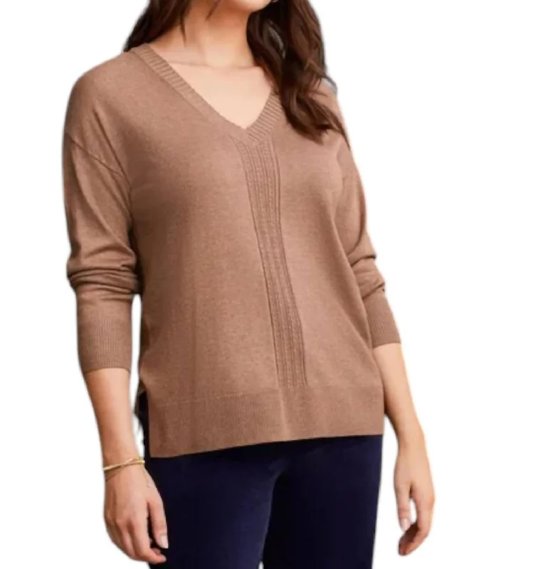 Long Sleeve V-Neck Sweater In Mocha Spandex Rayon Corduroy