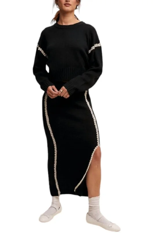 Contrast Stitch Sweater Skirt Set In Black Boat Neck Shawl Collar Notched Collar