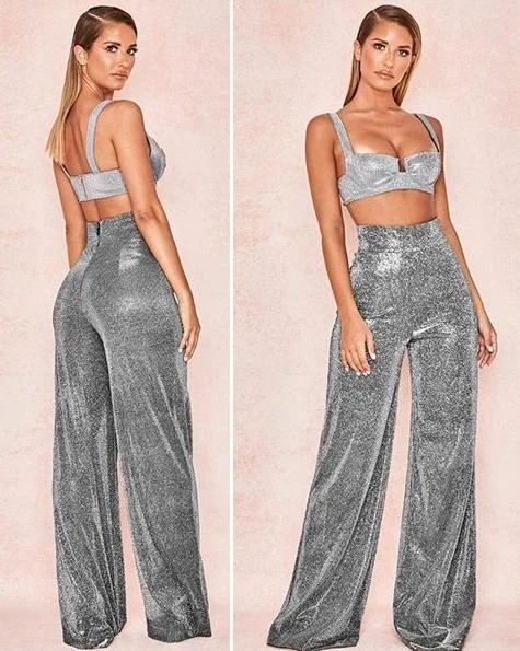 Sparkly Wide Leg High Waist Pants Chic Slim Fit Pants