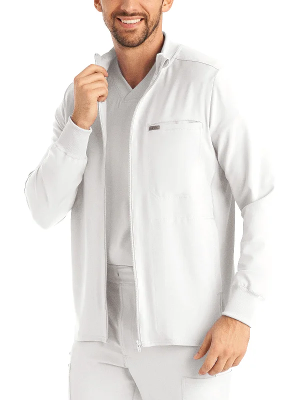 Men's 3-Pocket Mock-Neck Zip-Front Scrub Jacket Notch Collar Peter Pan Collar Cowl Neck