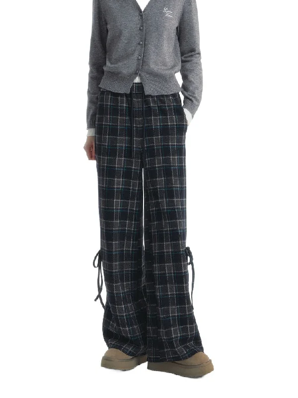 Plaid Drawstring Bowknot Pants Slim-Fit Leggings