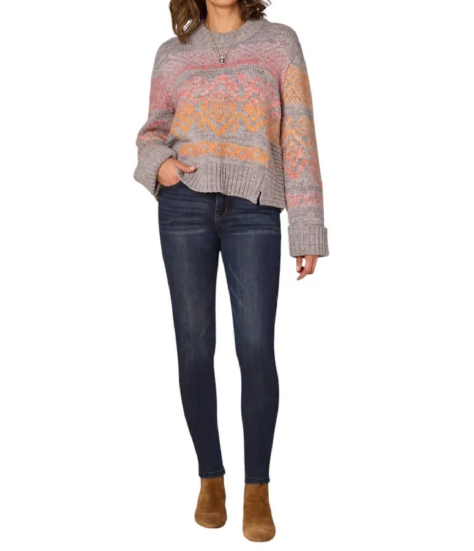 Round Neck Ombre Jacquard Sweater In Heather Grey / Golden Orange Multi Welt Pockets Slit Pockets Flap Pockets