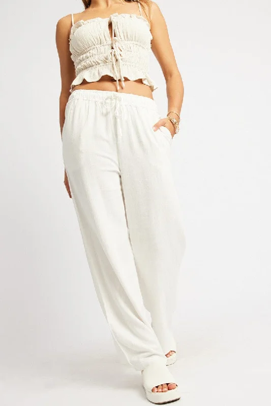 White Wide Leg Pants Elasticated Waist Classic Cropped Pants