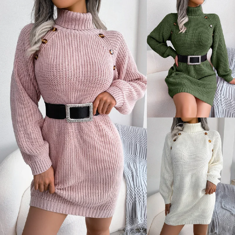 Autumn And Winter European And American Leisure Clinch Turtleneck Long Sleeve Base Sweater Dress Ribbed Striped Patterned