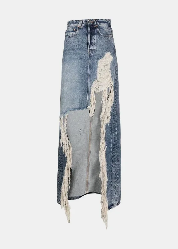 Blue Destroyed Denim Maxi Skirt cashmere skirt plush