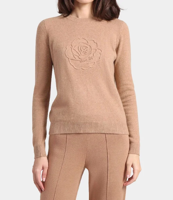 Cashmere Embossed Rose Sweater In Camel Ribbed Striped Patterned