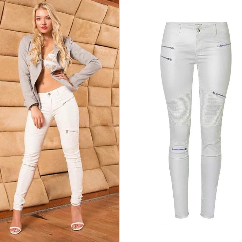 White Moto PU Leather Zippers, Low Waist Pants Classic Bootcut Trousers