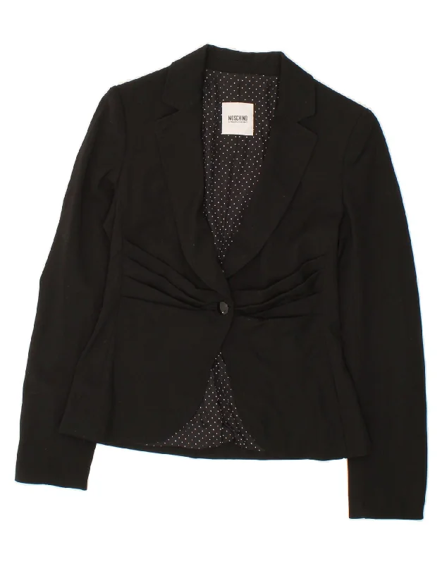 MOSCHINO Womens 1 Button Blazer Jacket UK 6 XS Black Virgin Wool Notch Collar Peter Pan Collar Cowl Neck