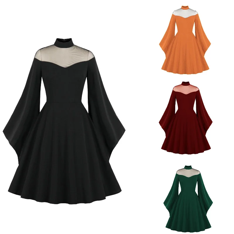 Wjczt dress to impress retro glamour E-Commerce New Halloween Black Queen Mesh Bell Sleeve Stitching Retro Dress 3067 Tunics Canvas sturdy