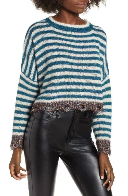 Tinsel Stripe Metallic Crop Holiday Christmas Long Sleeve Sweater In Multicolor Terry Terry Cloth Terry Knit