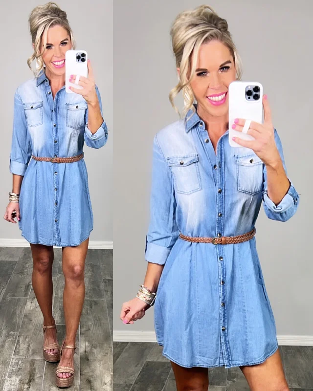 Chambray Belted Dress Tunics Sophisticated sleek