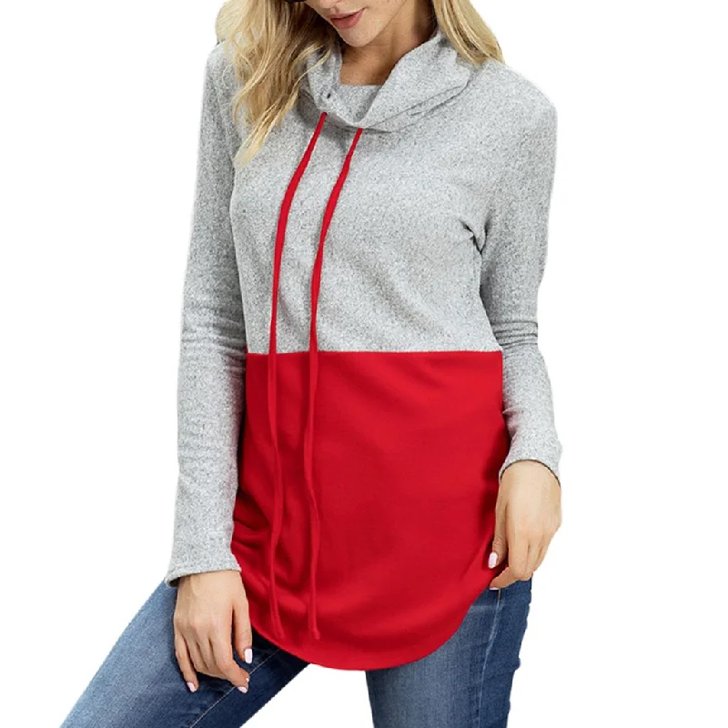 Women's Cowl Neck Hoodies Tops Long Sleeve Color Block Sweatshirt Red XL Hoodie with Lace Feminine Delicate