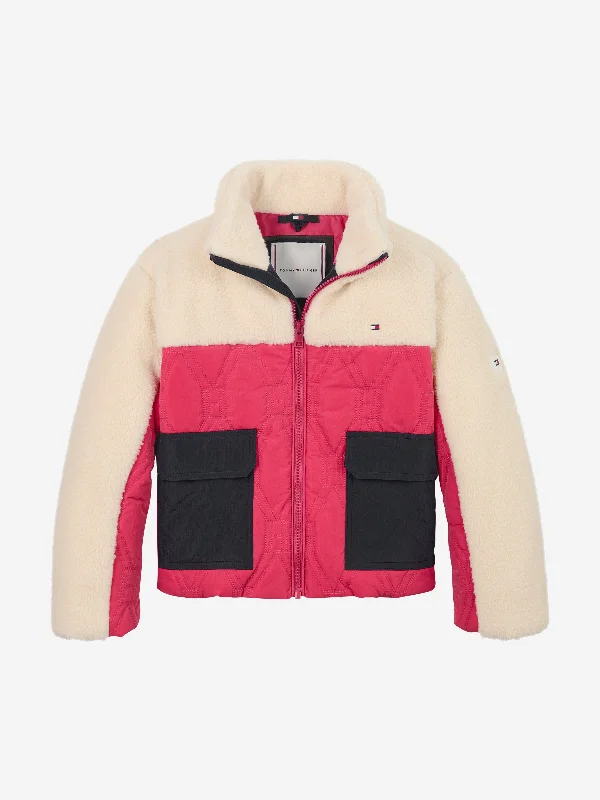 Tommy Hilfiger Girls Flag Quilted Teddy Jacket in Multicolour Denim Fabric Leather Fabric Suede Fabric