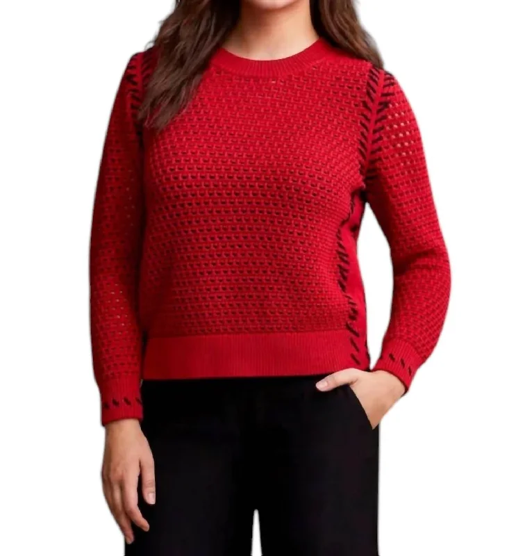 Open Stitch Crewneck Sweater In Red Rayon Fabric Velvet Fabric Corduroy Fabric