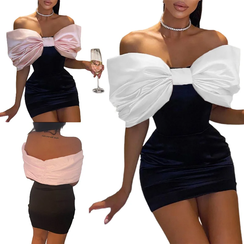 Wjczt dress with bow New Nightclub Dress Big Bow Tight Dress Sexy Backless Women's Two-Piece Suit Pencil Office Professional