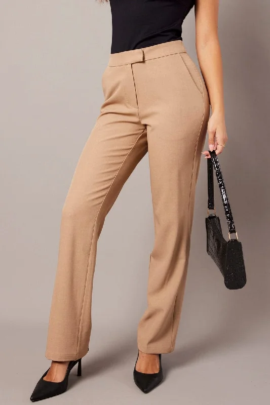 Beige Slim Pants Mid Rise Elegant Wool Trousers