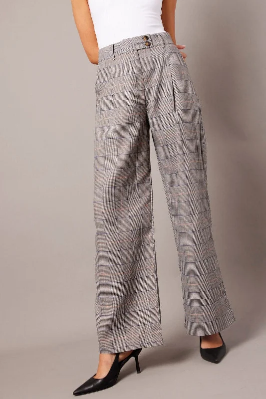 Grey Check Wide Leg Pants Tailored Fashionable Track Pants