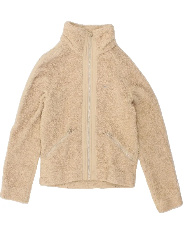 NIKE Womens Fleece Jacket UK 8/10 Small Beige Polyester Mesh Jacket Canvas Jacket Denim Jacket