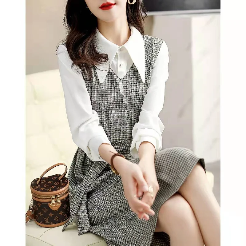 Wjczt business casual outfits for women Autumn New Commuter Elegant Socialite Age-Reducing Stitching Fake Two Pieces Dress Women Tunics Floral girly