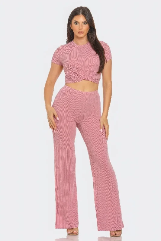 Front Twist Detail Top And Flare Pants Set Classic Cropped Pants