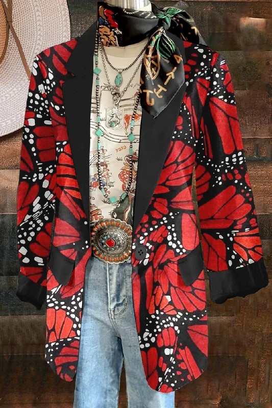 Vintage Butterfly Print Long Sleeve Jacket Trench Coat Raincoat Waterproof Jacket