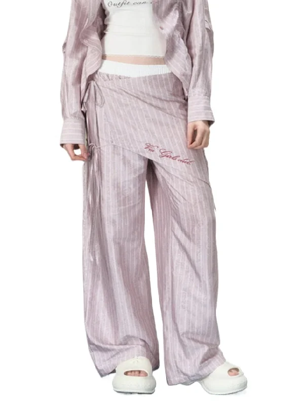 Pink Striped Wide-Leg Pants Trendy Velvet Pants