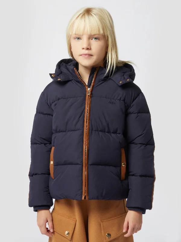 Chloé Girls Down Padded Puffer Jacket in Navy Striped Jacket Polka Dot Jacket Floral Jacket