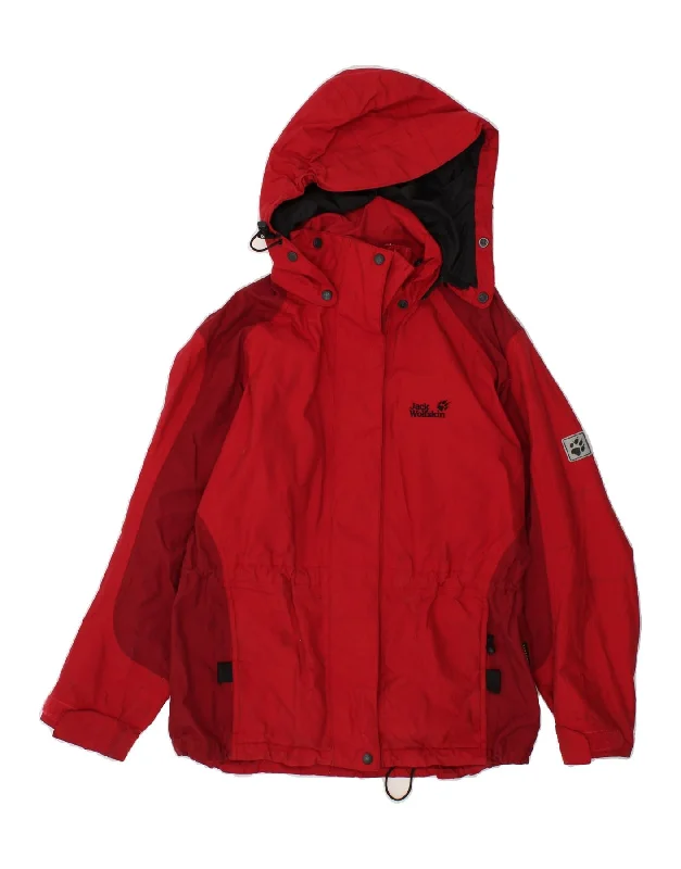 JACK WOLFSKIN Womens Hooded Rain Jacket UK 12 Medium  Red Polyamide Tailored Jacket Straight Jacket A-Line Jacket