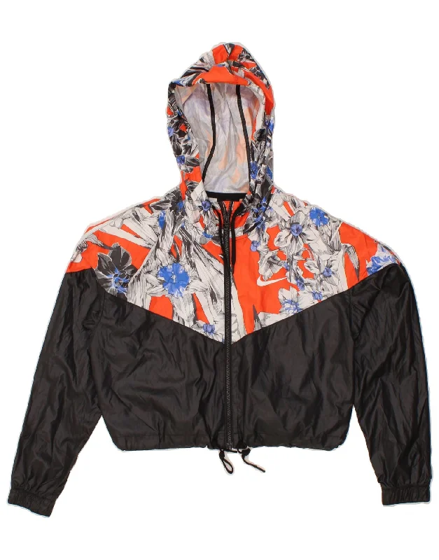 NIKE Womens Oversized Crop Hooded Rain Jacket UK 10 Small Black Floral Print Jacket Jacquard Jacket Embroidered Jacket