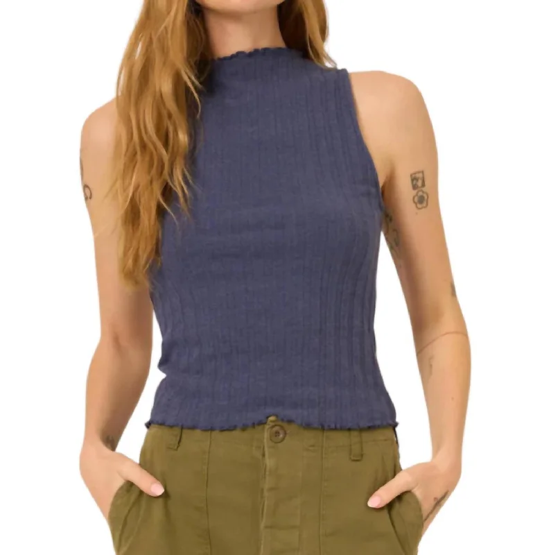 Chasing You Funnel Neck Rib Tank In Rich Indigo ribbed tank top