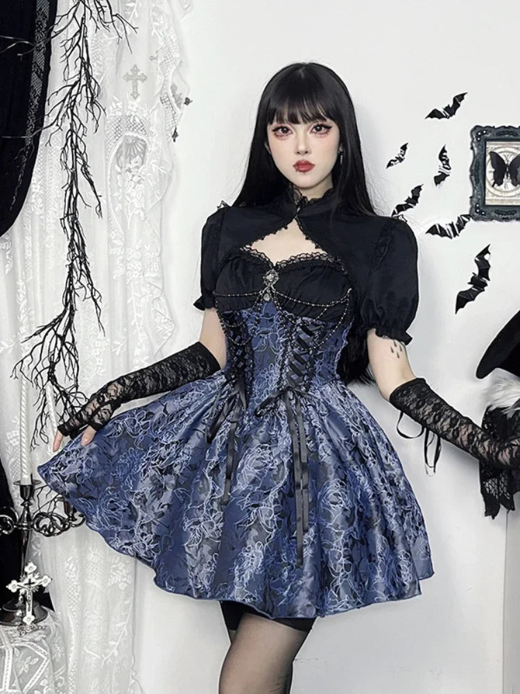 Wjczt  Dark Gothic Lolita Dress Women Harajuku Streetwear Aesthetic Fairy Grunge Lace Patchwork Bandage Corset Dress Partywear Tunics Practical durable