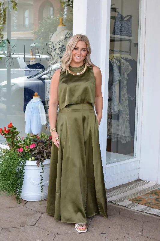 Olive Satin A-Line High Waist Maxi Skirt relaxed fit skirt