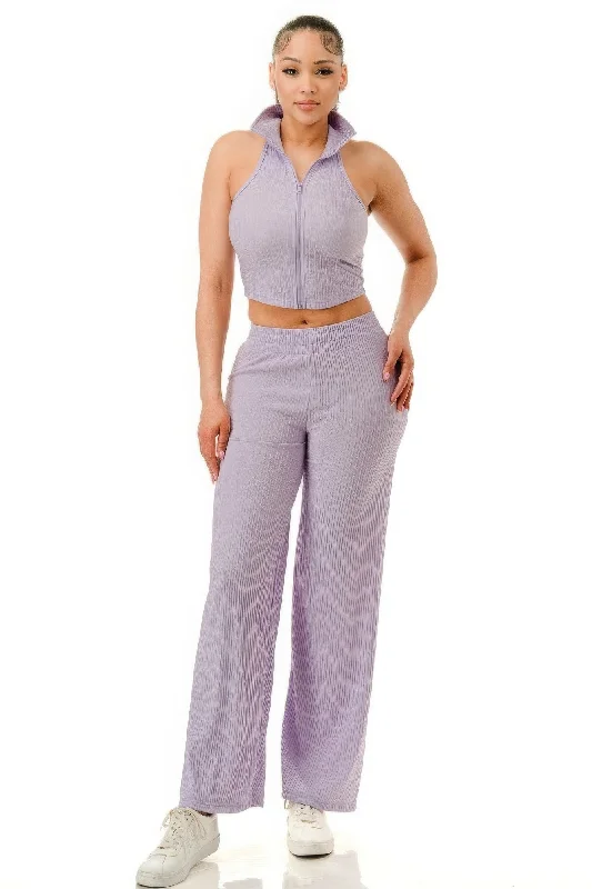 Crinkle Wide Pants Set Zipper Comfortable Jogger Trousers