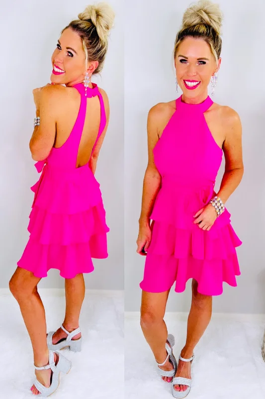 Hot Pink Ruffle Open Back Dress Tunics Versatile stylish