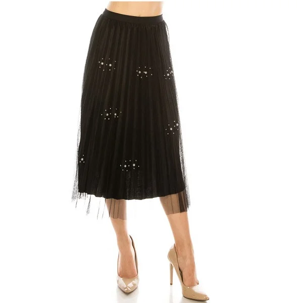 Emily Pleated Tulle Midi Skirt elastic waist skirt