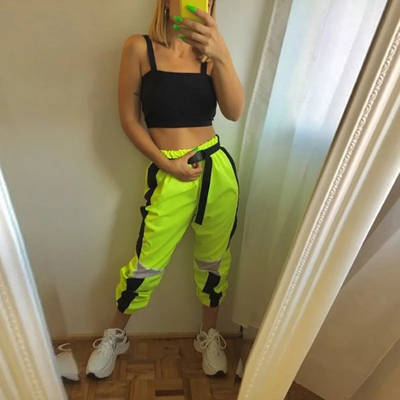 Neon Mesh Patchwork High Waist Harem Pants Formal Slim Pants