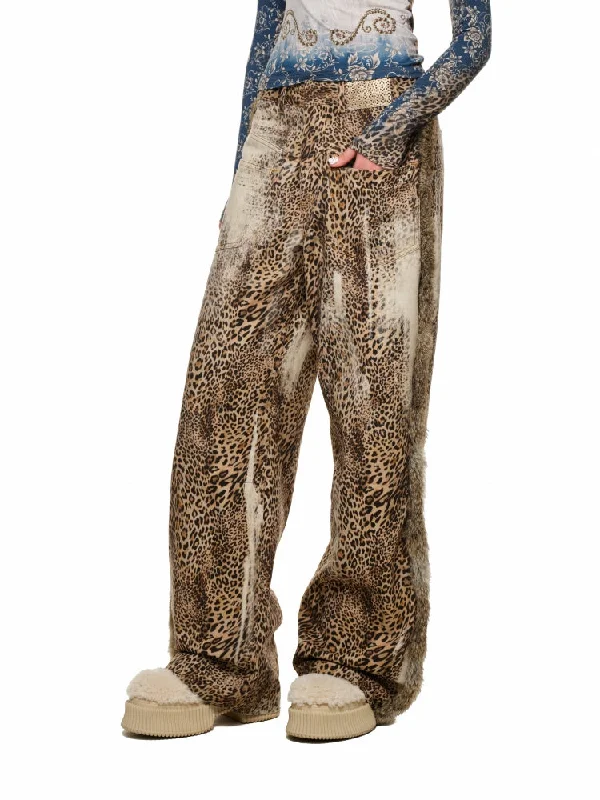 Patchwork Rabbit Fur Leopard Wide-Leg Pants Chic Faux Leather Pants