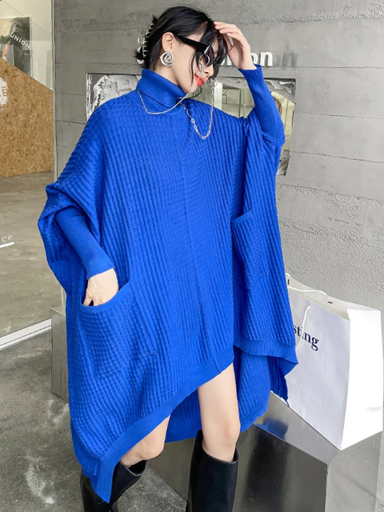 Wjczt Women Blue Irregular Back Long Big Size Knitting Dress New Turtleneck Long Sleeve Fashion Tide Spring Autumn 2024 1DF9757 Tunics Sophisticated sleek