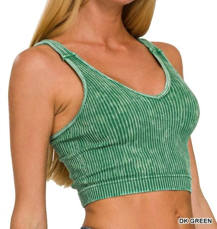 Ribbed Cropped V-Neck Tank Top In Dark Green flowy tank top