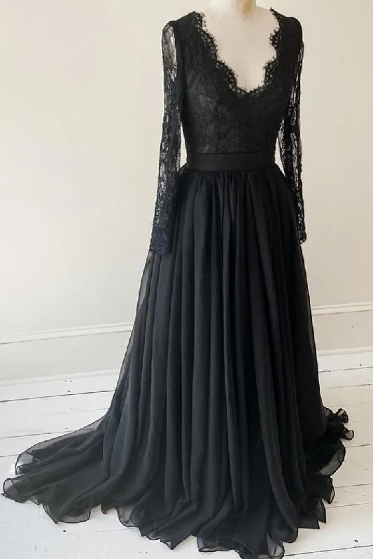 Lace Long Sleeves Black Evening Gown with Chiffon Skirt linen skirt breathable