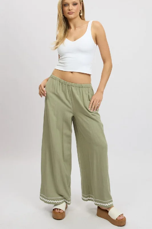 Green Wide Leg Pants High Rise Warm Wool Trousers