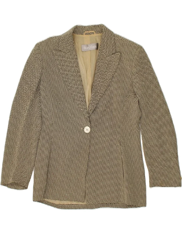 MAX MARA Womens 1 Button Blazer Jacket UK 8 Small Beige Chevron Acrylic Satin Fabric Silk Fabric Chiffon Fabric