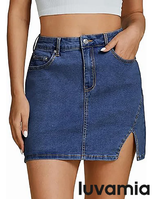 LUVAMIA Women's Classic High Waisted Denim Elastic Slit Tight Mini Skirt modal blend skirt