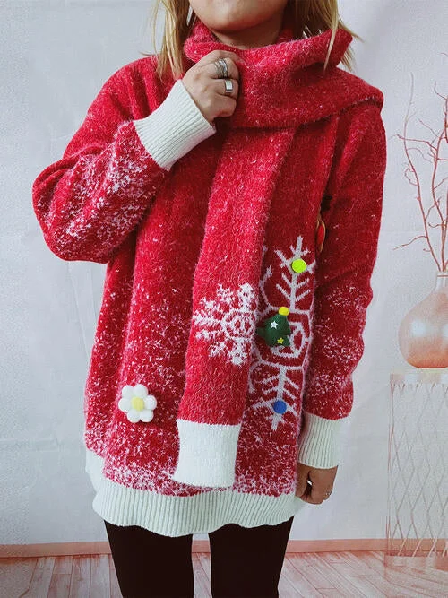 Casual Christmas Element Round Neck Sweater and Scarf Set Cotton Fabric Linen Fabric Terry Fabric