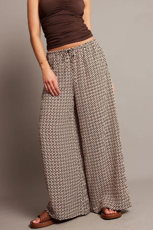 Brown Geo Wide Leg Pants High Rise Trendy Printed Leggings