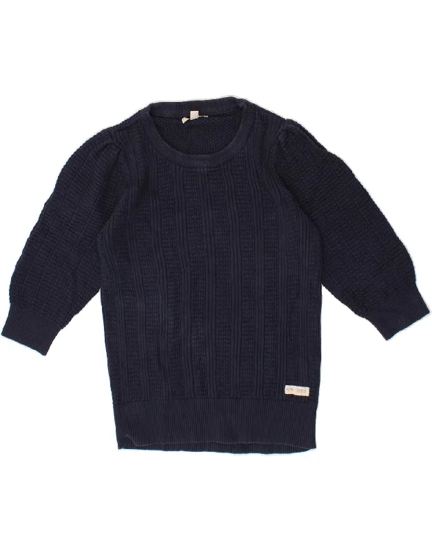 BARBOUR Womens 3/4 Sleeve Crew Neck Jumper Sweater UK 8 Small Navy Blue Wool Sweater Cotton Sweater Cashmere Sweater