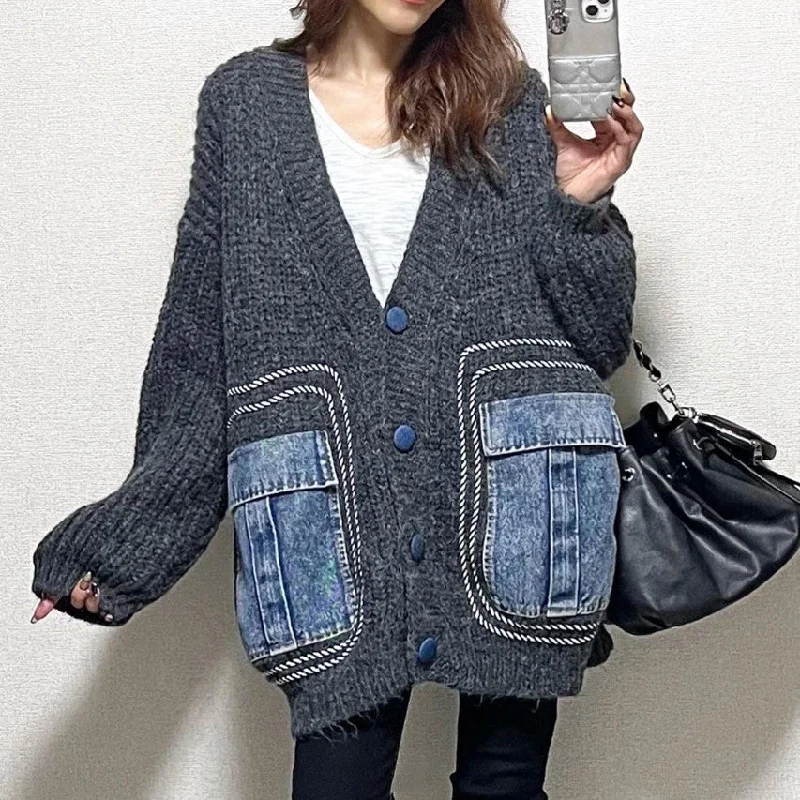 Women's Patchwork Denim Thick Sweater Coat Handmade Hand-knitted Hand-woven