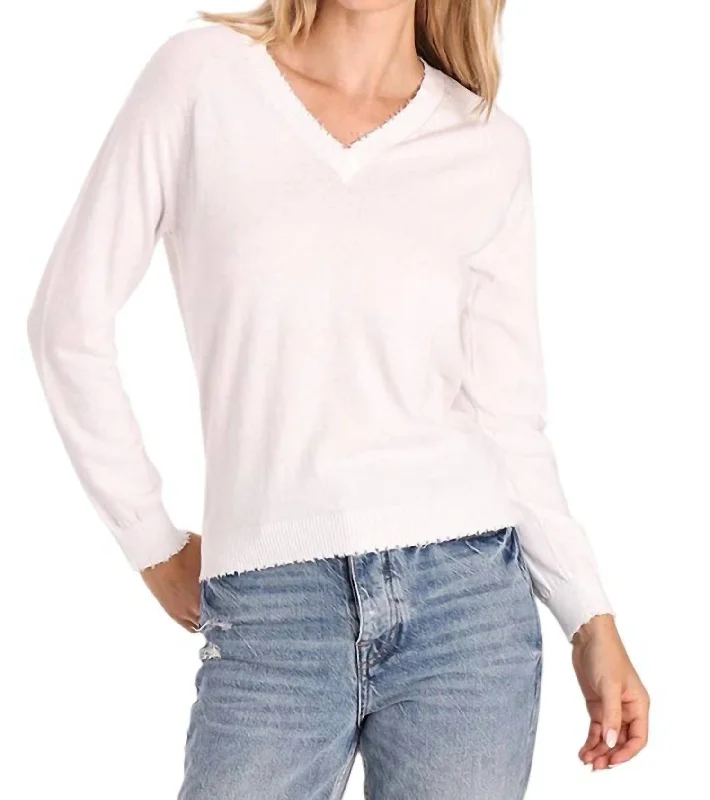 Cotton Cashmere Frayed Edge V Sweater In White Stretchy Elastic Breathable